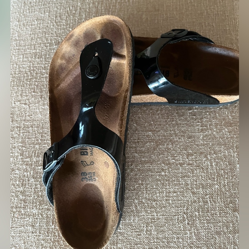 Birkenstock patent leather slip on sandals